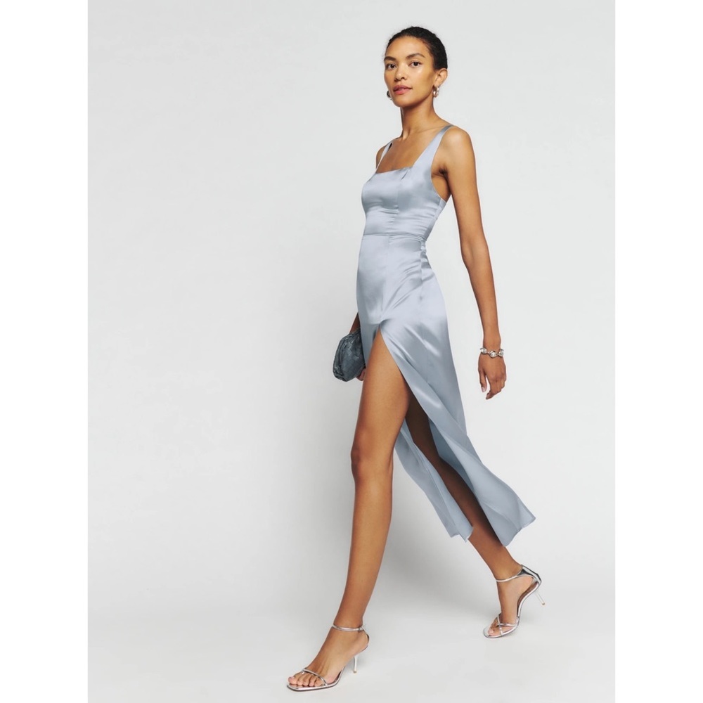 Reformation Dress Solay Silk Blue Slit Wedding Corset Maxi Mineral 0 NWT - Picture 8 of 10